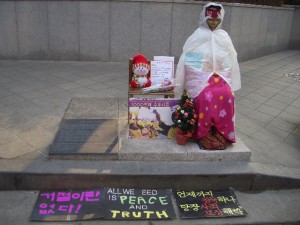 少女像と、平和のことをともに考えようと置かれたいす（序幕後、帽子やマフラーひざかけがかけられた）―ソウルの日本大使館前