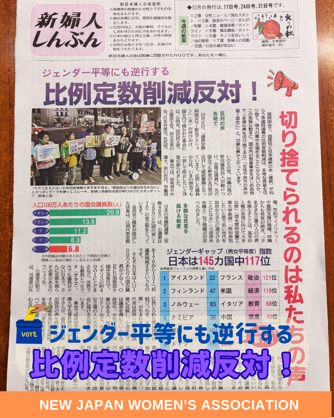 ジェンダー平等にも逆行する比例定数削減反対！切り捨てられるのは私たちの声