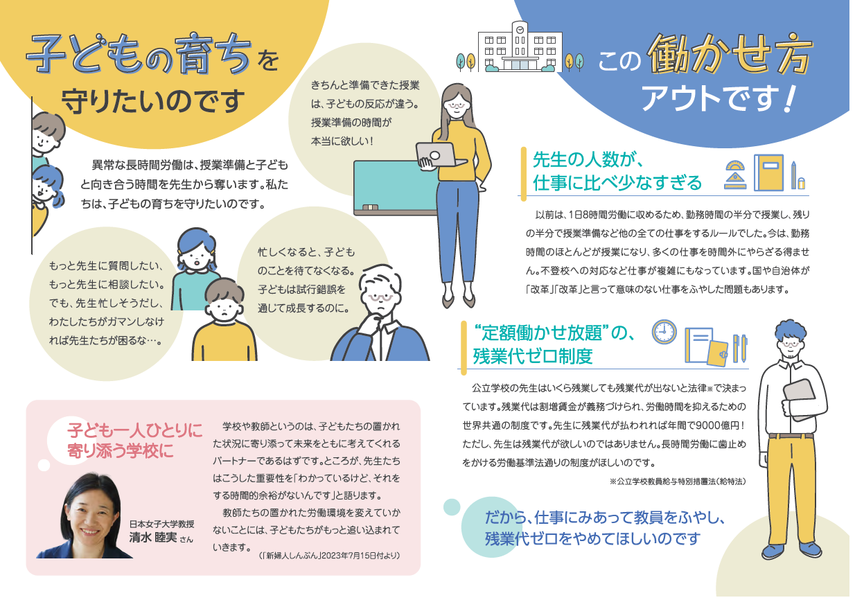 このままでは学校がもたない！「教員の長時間労働に歯止めをかけ、豊かな学校教育 を実現するための全国署名」を推進しましょう 新日本婦人の会中央本部